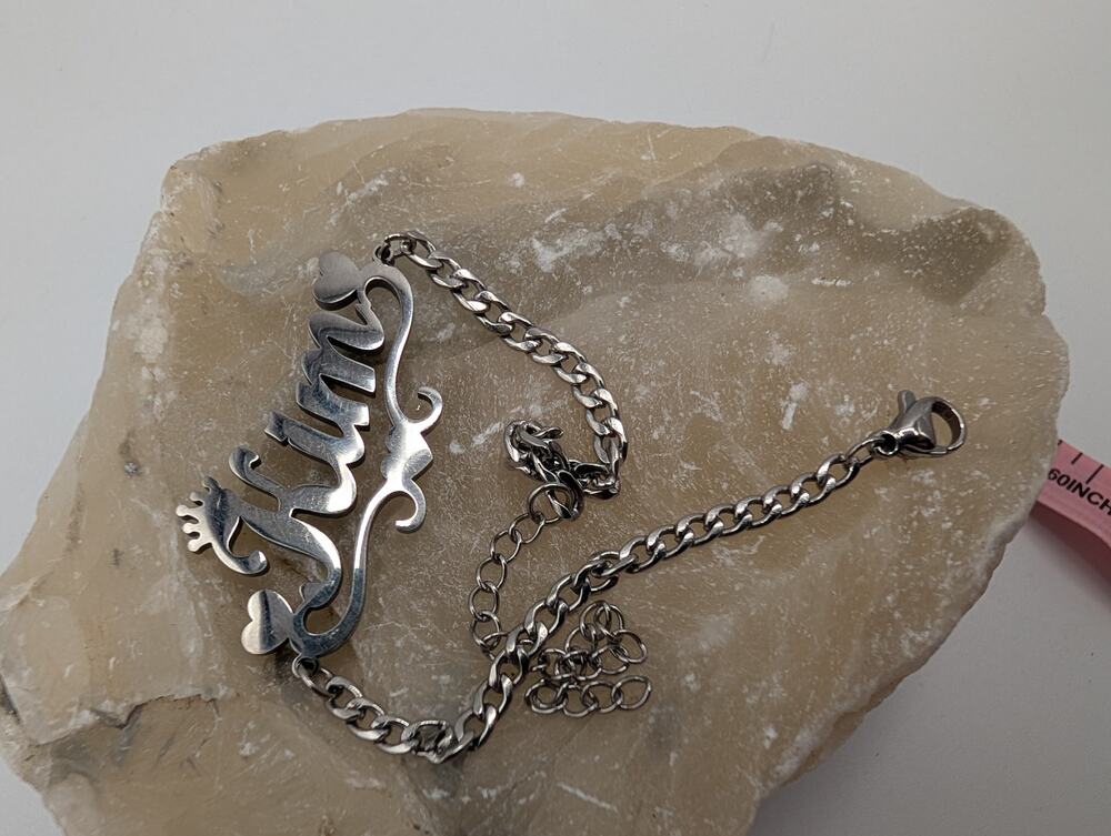 "KIM" Nameplate Bracelet Silver Tone Curb Chain Fashion Jewelry Adjustable